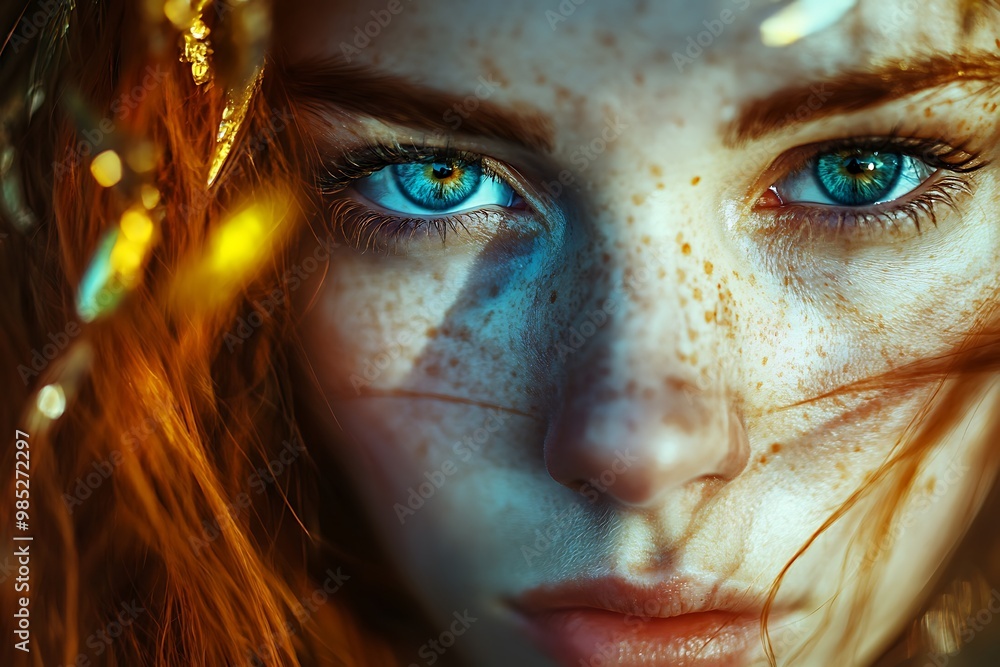 Sticker Closeup portrait of a young woman with red hair and blue eyes looking at camera with intensity