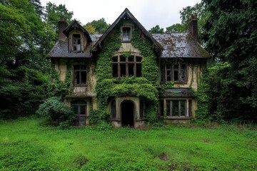 A crumbling mansion overtaken by nature, with vines and trees growing through the walls and windows, representing the reclaiming of urban spaces by the environment