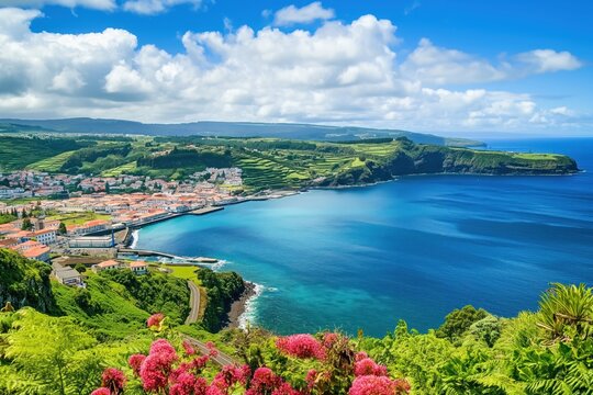 Horta city on Faial island of Azores surrounded by ocean, hills. Beautiful scenery with calm water, green hills. Sunny blue sky with white clouds. Tropical island destination with scenic views,