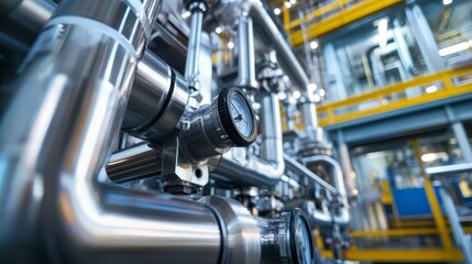 Industrial Piping System with Gauge and Valves