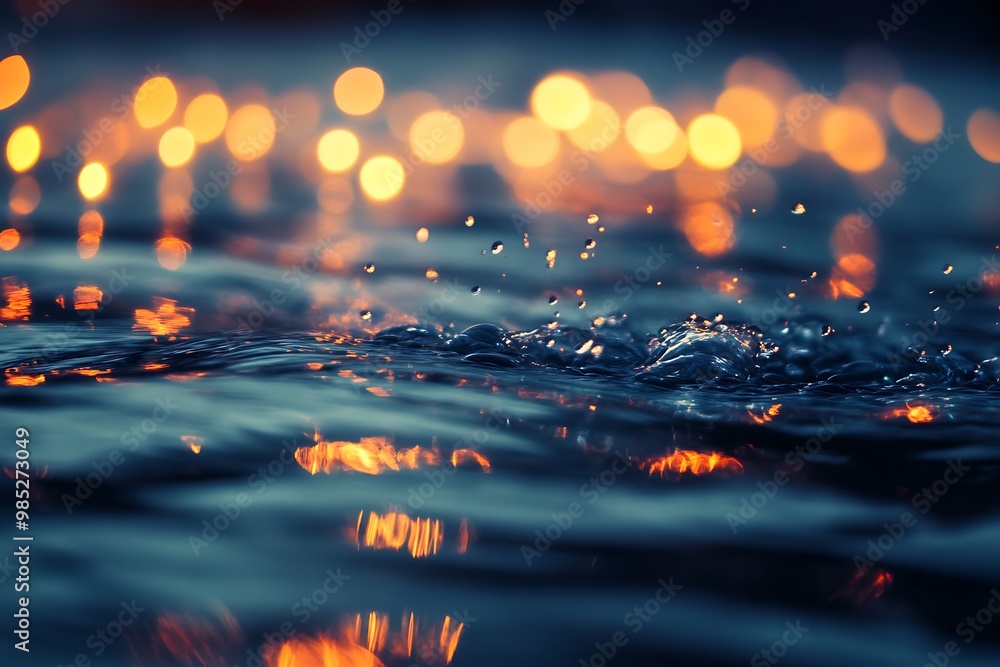 Poster Abstract water drop splash with bokeh lights reflection