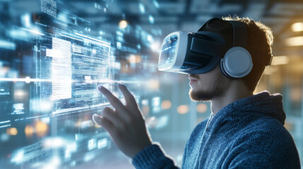 Immersed in virtual reality scene, user interacts with digital elements while building website, showcasing future of technology and creativity