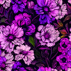 Seamless pattern of flowers with pink blue and black background.	