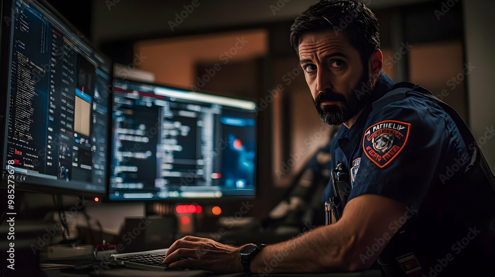 Aufkleber man in uniform typing on keyboard - realistic photo