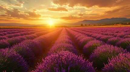 Lavender field at sunset with golden light shining through the rows of purple flowers.
