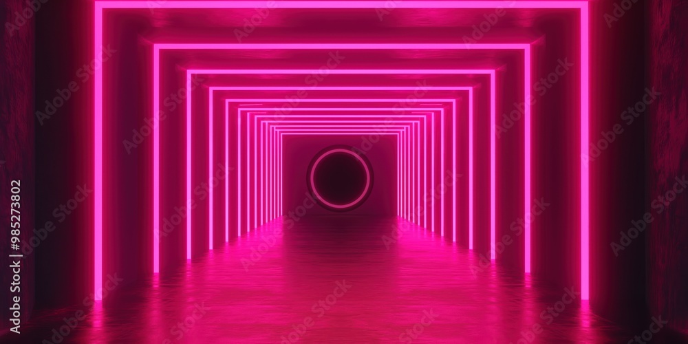 Poster pink neon light tunnel background with abstract, futuristic design. electric, fluorescent glow illum