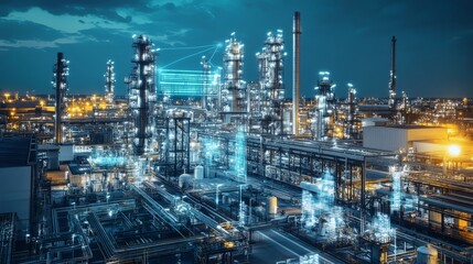 Industrial Refinery at Night with Digital Overlay