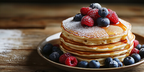 A stack of fluffy pancakes drizzled with maple syrup
