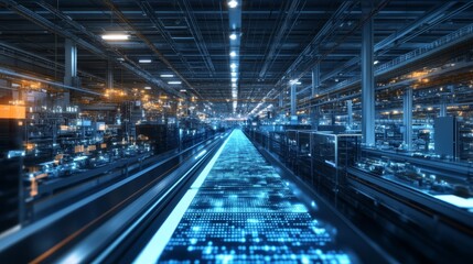 Futuristic Digital Factory Production Line with Glowing Data Flow