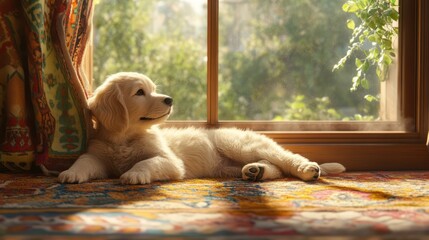 Golden Retriever Puppy Relaxing by the Window