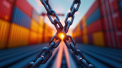 Futuristic chain link network in motion through cargo containers warehouses and industrial logistics facilities  Abstract digital engineering technology infrastructure and distribution concept