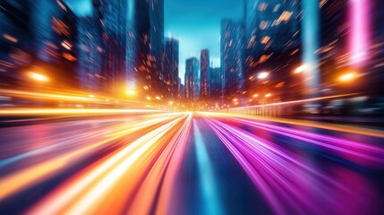 Obraz premium High speed light trails cutting through a dynamic futuristic cityscape of illuminated skyscrapers and urban infrastructure at night The image captures the energy movement
