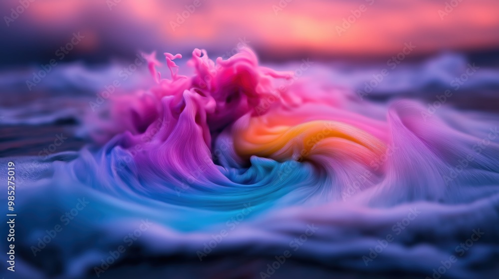 Poster mesmerizing abstract fluid swirl in vibrant cosmic colors forming a dynamic undulating underwater dr