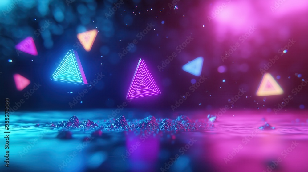 Poster mesmerizing glowing triangle shapes in a dynamic futuristic space backdrop vibrant neon colors geome