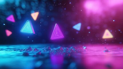 Mesmerizing glowing triangle shapes in a dynamic futuristic space backdrop  Vibrant neon colors geometric patterns and a cosmic