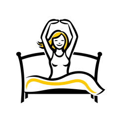 Illustration of a joyful woman stretching in bed, refreshed and vibrant style, copy space