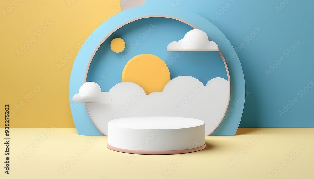 Aufkleber minimalist abstract 3d podium display with clouds and sun in a clean modern studio scene geometric c