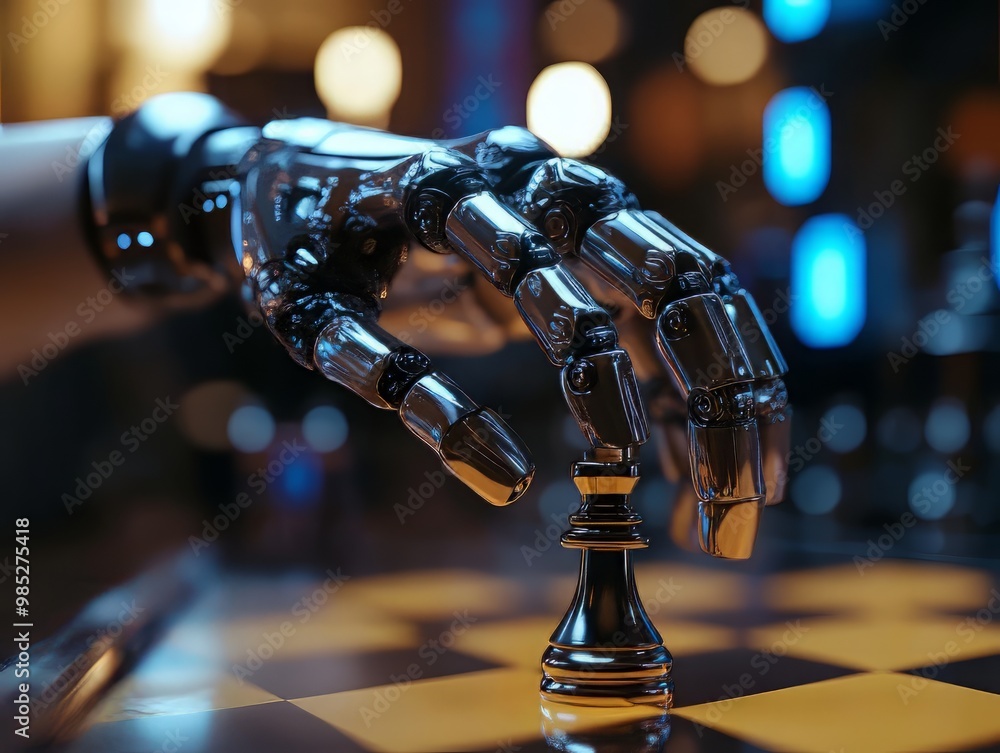 Poster advanced robot's hand executing a strategic move by placing a pawn on a chessboard, perfectly illust
