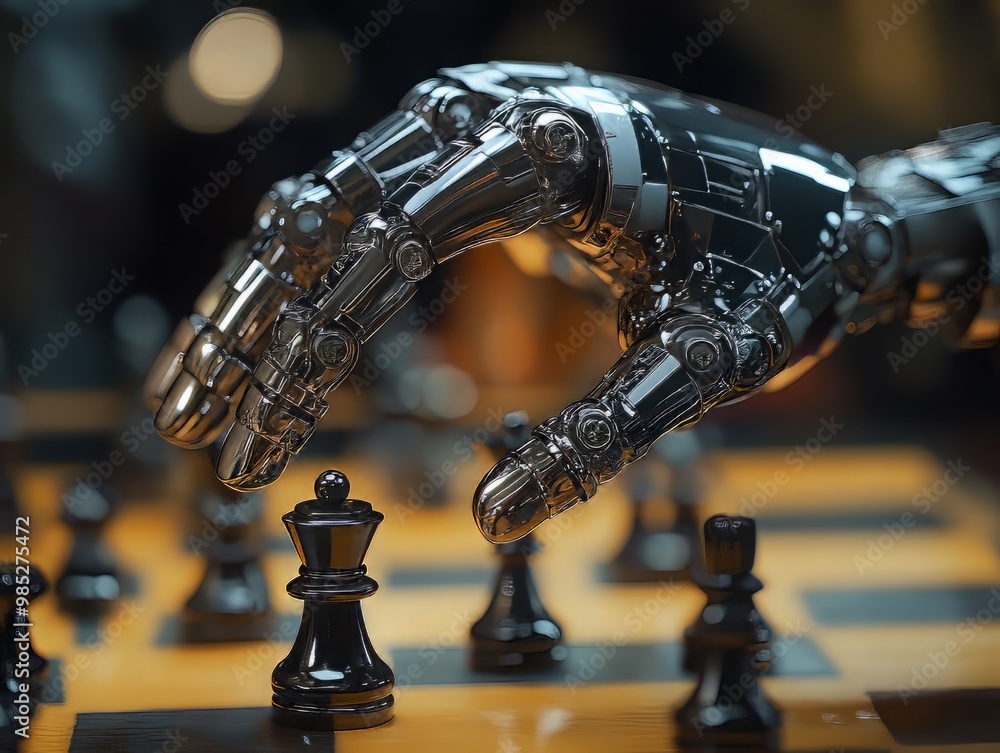 Poster futuristic robot's hand strategically moving a pawn in chess, illustrating the intersection of techn