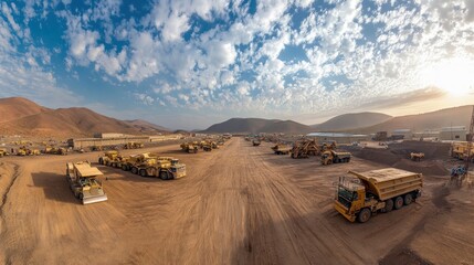 A panoramic view of a construction site with heavy machinery and mountains in the background.