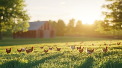 Obraz premium A serene farm scene with chickens roaming in a grassy field at sunrise.