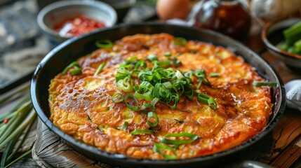 Front View of Pan-Fried Korean Kimchi Pancakes (Kimchi Jeon)