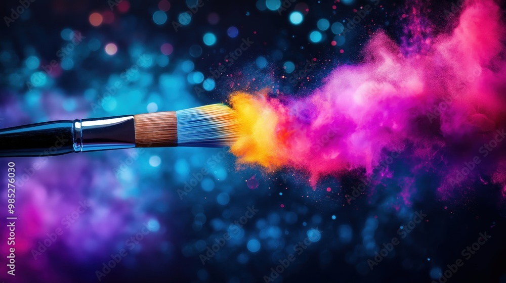 Poster vibrant and dynamic abstract image showcasing a colorful paint brush explosion with a burst of vivid