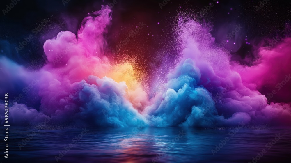 Poster vibrant and dynamic explosion of colorful powder bursting over a reflective water surface creating a