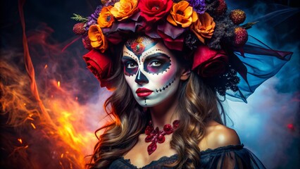 An elegant woman dons a captivating Halloween costume, featuring dramatic makeup and striking accessories, perfectly