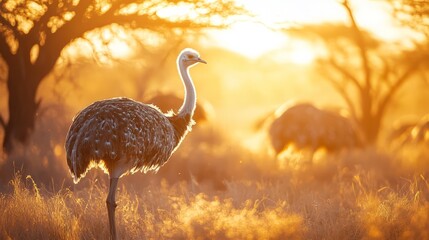 Majestic Ostrich at Sunset in a Serene Landscape