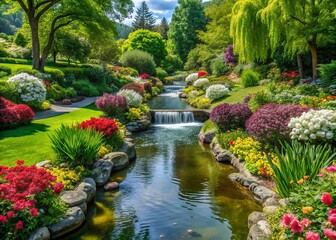 Obraz premium An oasis of lush foliage, peaceful water elements, and blooming flower beds create a tranquil escape for nature