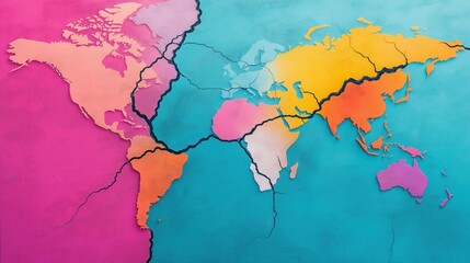 Vibrant mosaic style world map showcasing the diverse continents countries and cultures across the globe  This abstract and colorful design represents the interconnected nature of the world