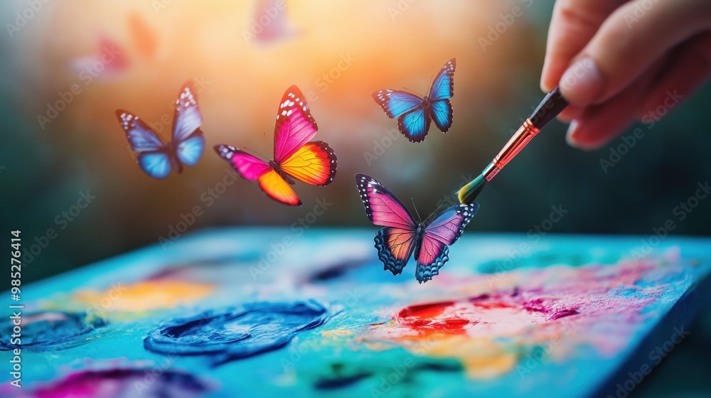 Poster vivid and captivating image of a colorful butterfly with vibrant wings fluttering against a dynamic 