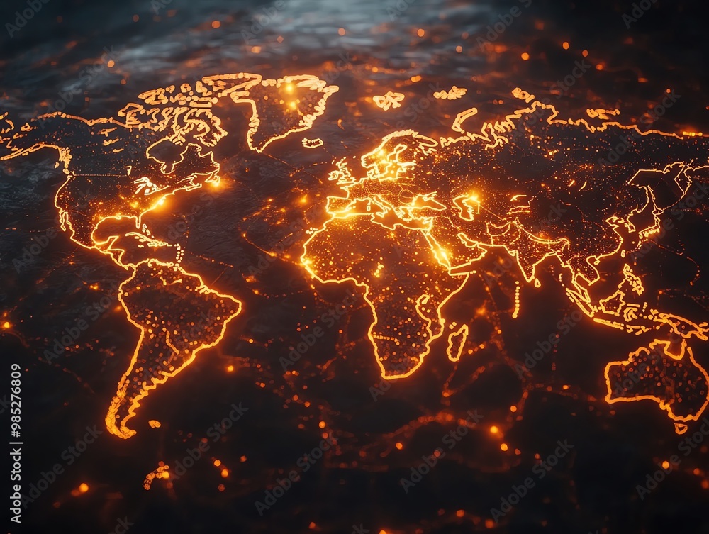 Poster a glowing orange world map with continents outlined in fiery light on a dark background.