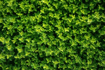Close-up of bright green foliage on a dense bush hedge. Leafy shrub with vibrant texture. Lush garden landscape with green plants. Growth and foliage on a natural garden feature.
