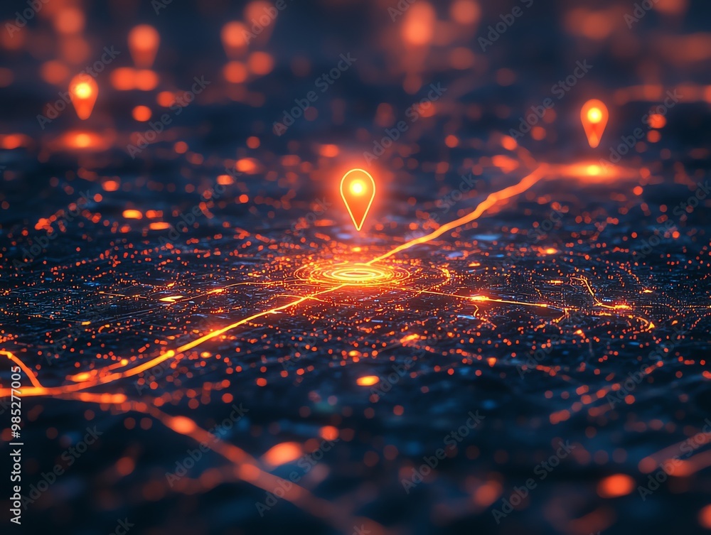 Aufkleber a glowing pin on a city map with orange lines showing connectivity.