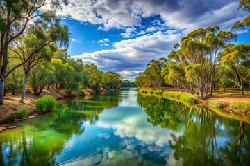 Fototapeta premium A picturesque vista of the Darling River in New South Wales, Australia, embraced by vibrant greenery and natural