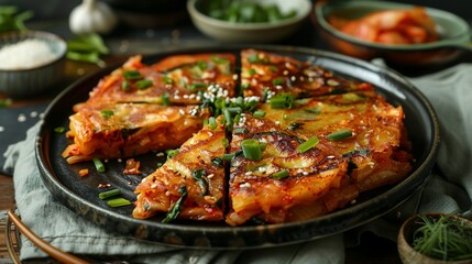 Kimchi Jeon: Detailed Front View of Pan-Fried Korean Kimchi Pancakes