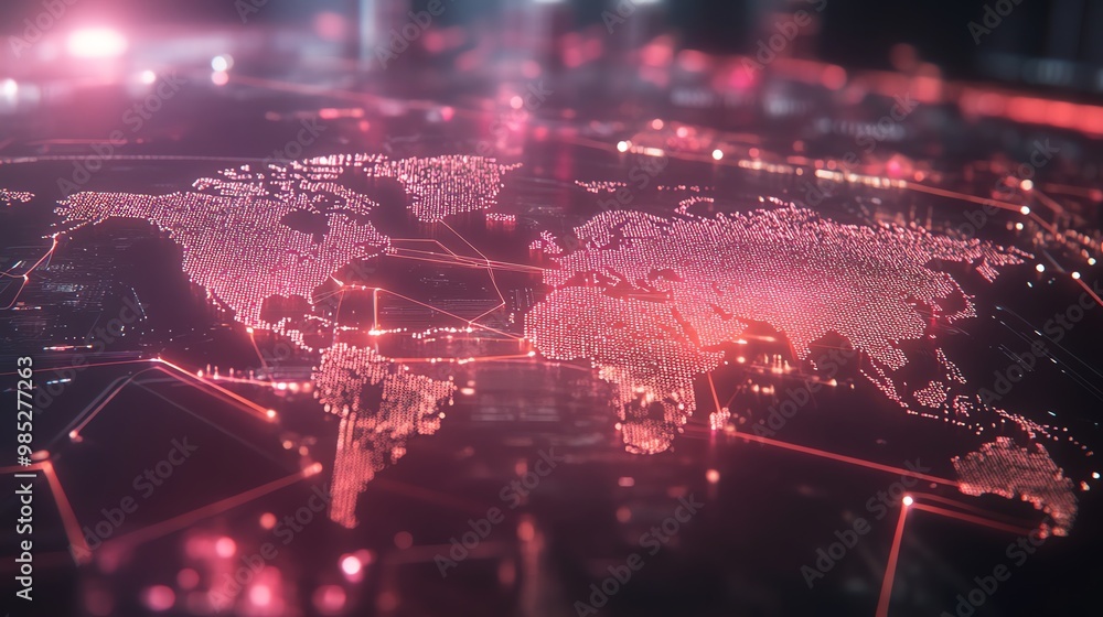 Poster a glowing red digital world map with connections.