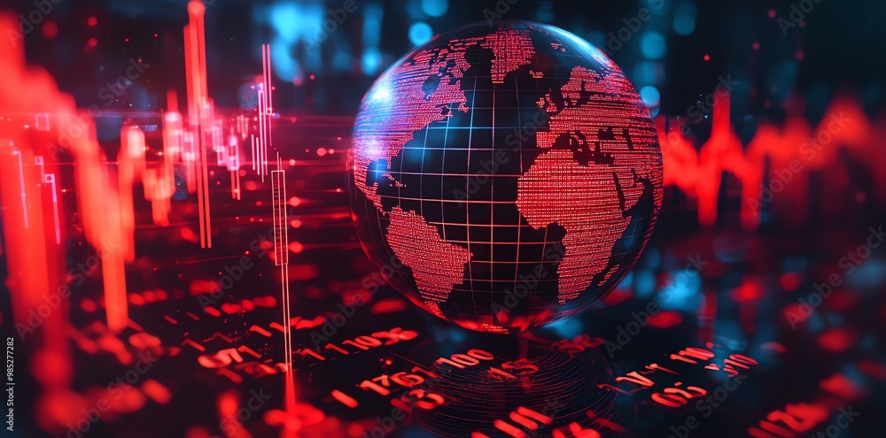 Aufkleber A glowing red globe with digital data flowing around it, representing global connectivity and data exchange.