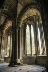 Fototapeta premium Ancient stone cathedral interior in Scotland, UK. Pillars, arches, large stained-glass windows create sense of grandeur. Historic building with intricate stone carvings, ornate details, majestic
