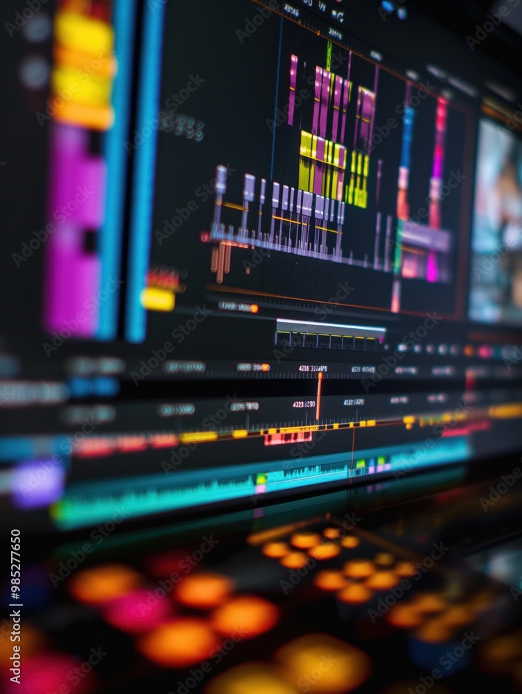 Poster close-up of computer screen displaying pro video editing software timeline. vertical layout with col