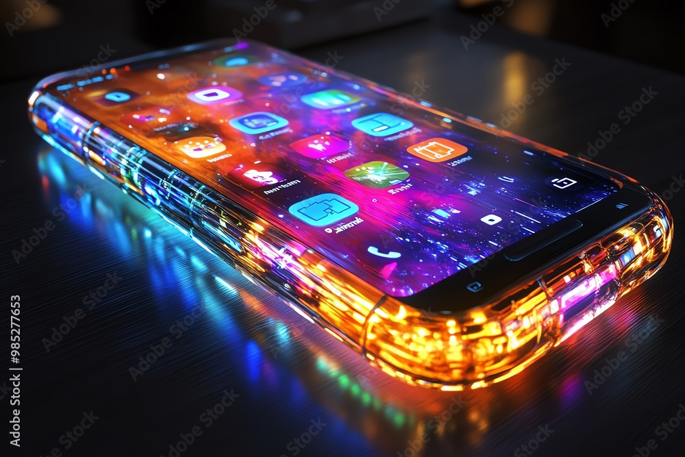 Fototapete A glowing smartphone with a transparent case showcasing a colorful display with app icons.