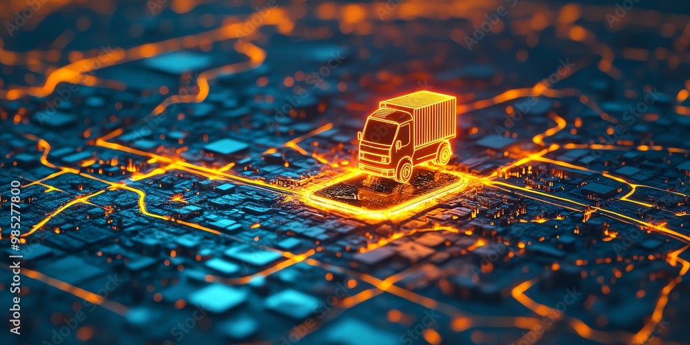 Poster a glowing truck icon sits on a circuit board, representing the connected world of delivery and logis