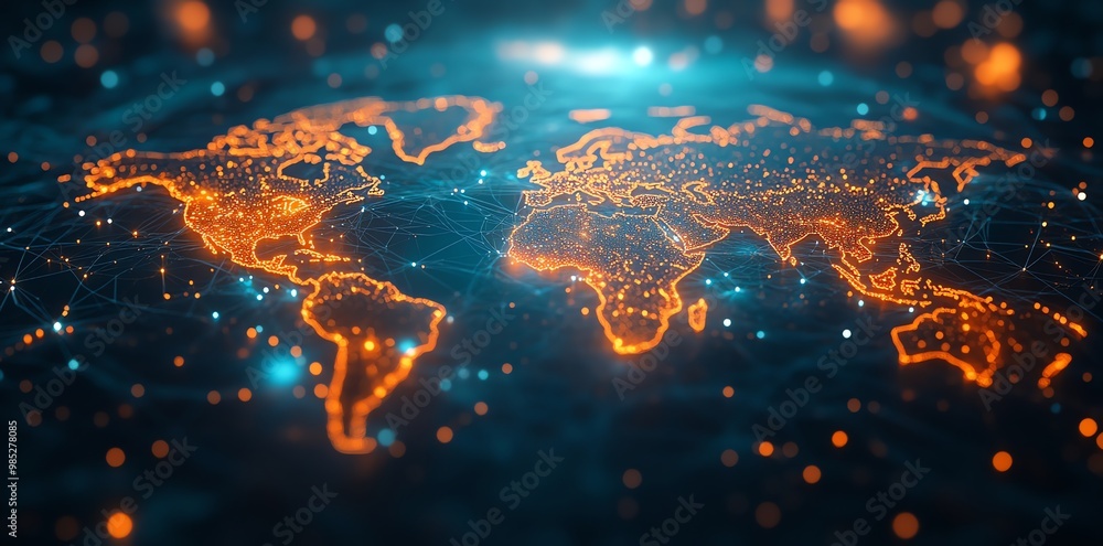 Poster a glowing world map with a network of lines and dots.