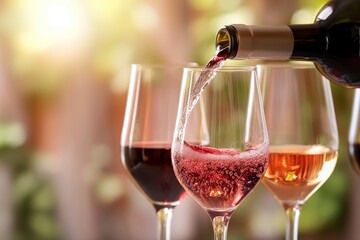 Close-up of wine pouring from bottle into glass on blurred background. Bordeaux wine, wine glasses, wine bottles, wine tasting, wine production, wine making, wine collection, luxury lifestyle, fine