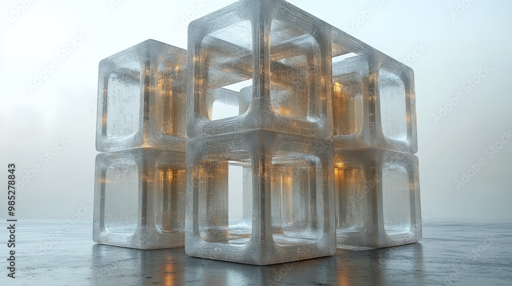 Aufkleber a structured arrangement of illuminated ice blocks in a misty setting.