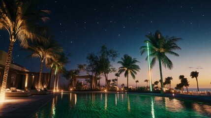 Obraz premium A serene and patriotic visual for Saudi National Day, depicting a luxury beach resort under a calm, starry night that transitions to a vibrant sunrise. The scene showcases green and white colors