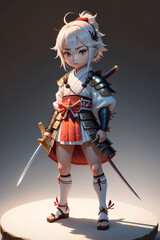 Obraz premium Chibi Samurai Holding a Katana Full-Body Illustration anime style