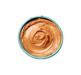 Tasty peanut butter in bowl isolated on white, top view